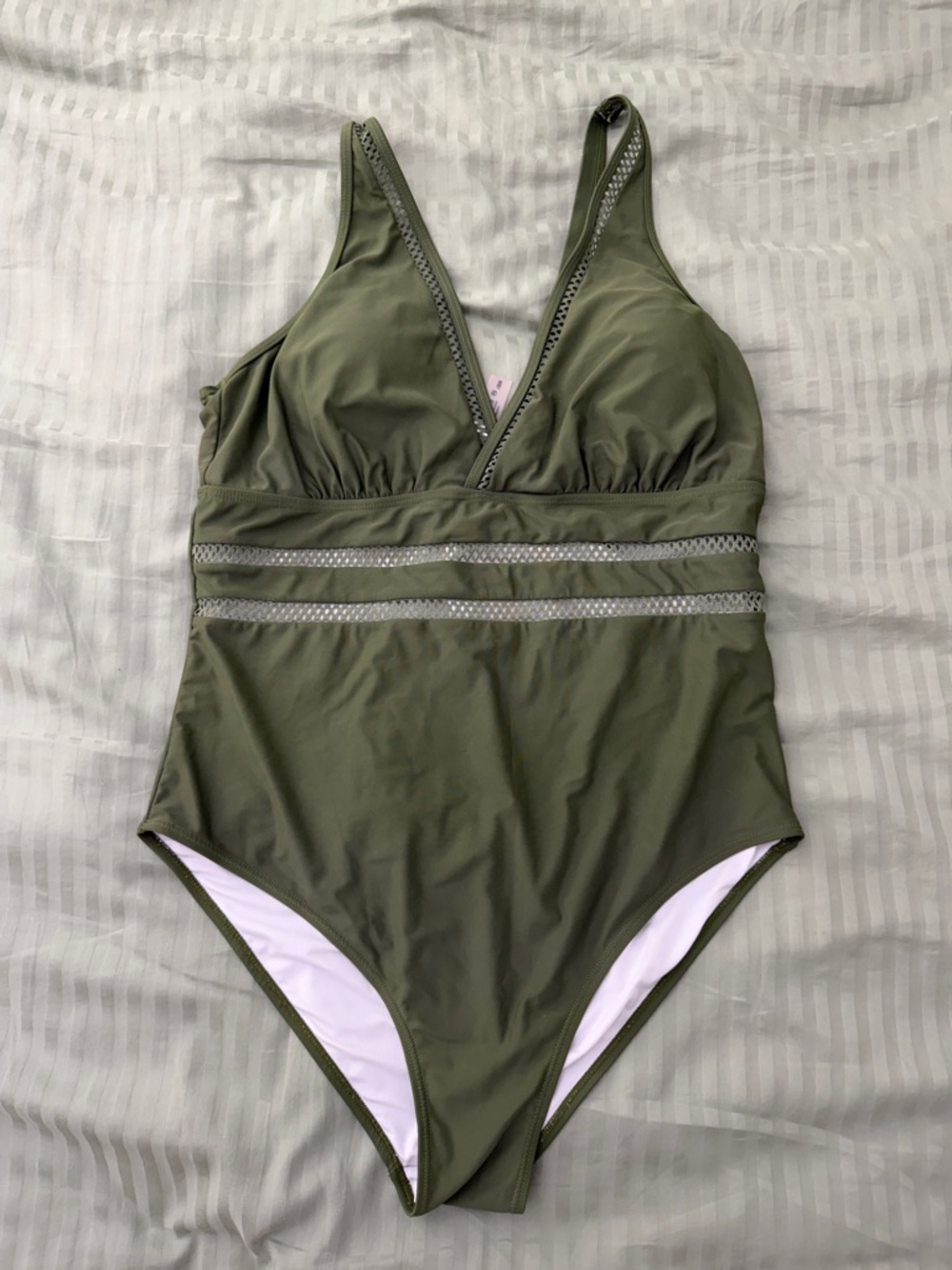 Amazon Olive Green V-Neck One-Piece Swimsuit with Mesh Trim